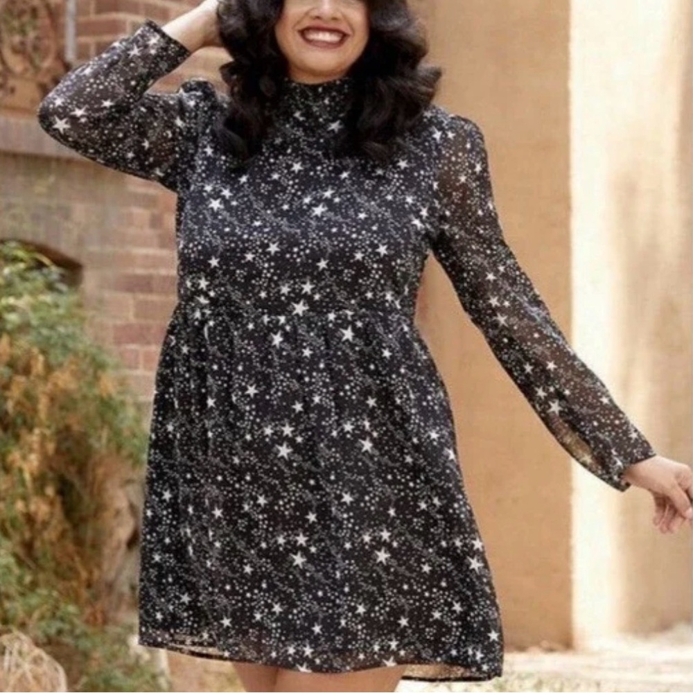 ModCloth Star Print A-Line Dress XL Black White Long Sleeve Vintage Inspired